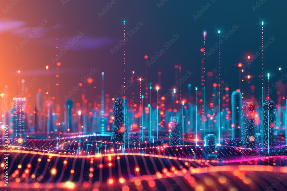 Connected urban landscape with abstract dot points, gradient lines, and intricate wave line design, big data smart city concept