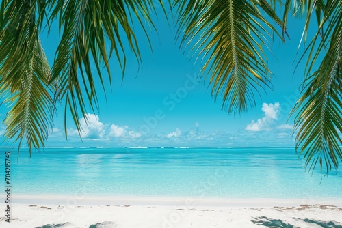 Coco palms creating a tropical frame for a beach with turquoise blue water and a clear sky