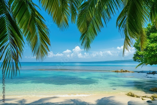 Coco palms framing a tropical paradise beach with turquoise blue water and clear blue sky