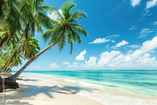Coco palms enhancing the beauty of a tropical beach with turquoise water and a serene blue sky
