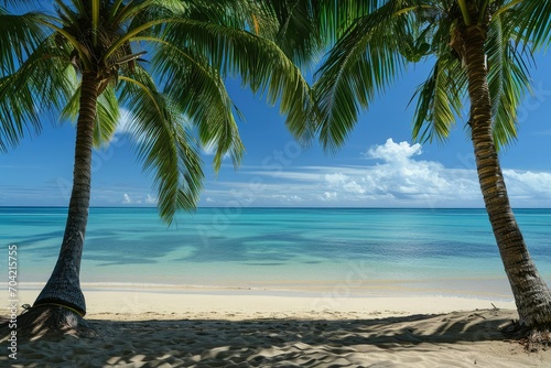 Coco palms providing shade on a beach with turquoise water and a serene blue sky