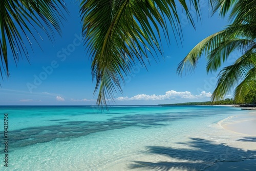 Coco palms overlooking a tropical beach with clear turquoise water and a bright blue sky