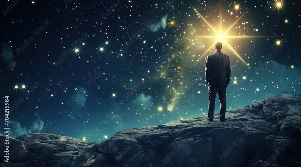 Fototapeta premium abstract of Businessman's Vision for the Future, silhouette of businessman in a suit observing the light of space, man looking at a star in outer space concept