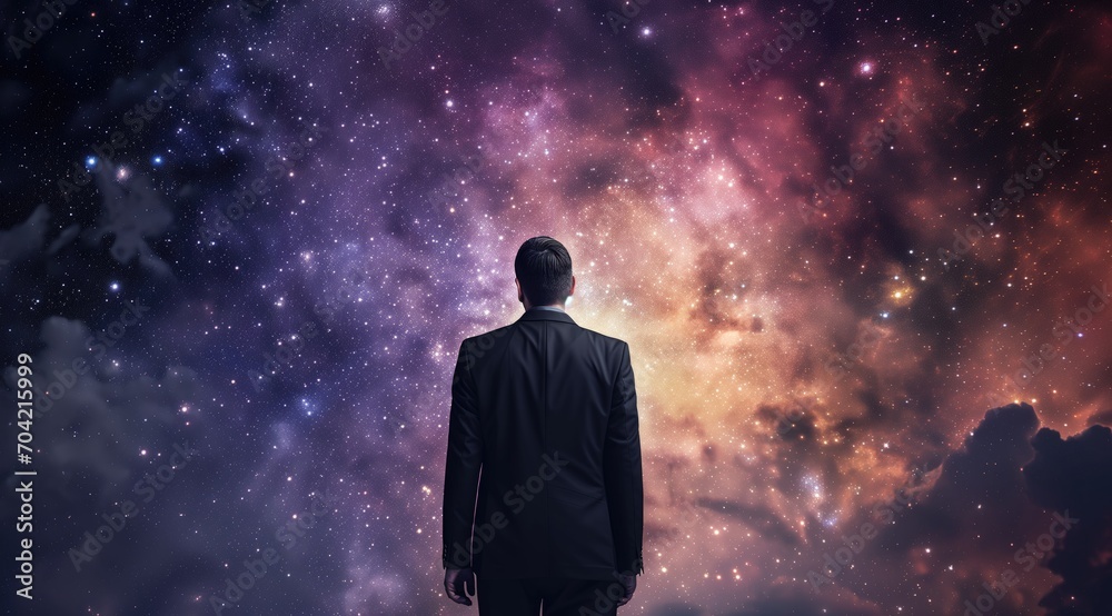 abstract of Businessman's Vision for the Future, silhouette of businessman in a suit observing the light of space, man looking at a star in outer space concept abstract of Businessman's Vision for the Future, silhouette of businessman in a suit observing the light of space, man looking at a star in outer space concept