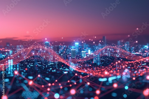 Futuristic smart city with gradient line connections, abstract dot point network, and intricate wave line design, big data technology concept