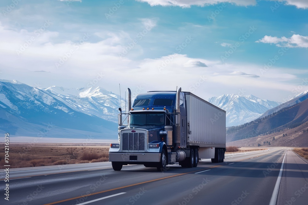 Majestic semi-trailer cargo truck cruising on the highway, a symbol of logistics and transportation, vast and open road