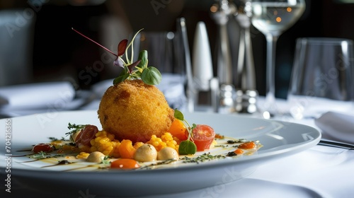 Crispy arancini - balls of rice and cheese, in a crispy shell and sauce. photo