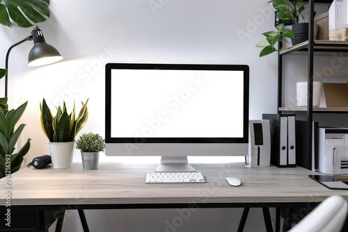 Minimalist private office with a sleek computer desk and white-screen PC, modern vibe © Lucija