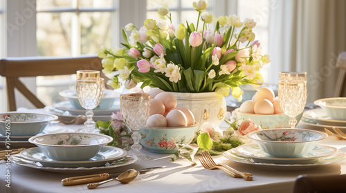 Easter Sunday brunch dinning table decorations.
