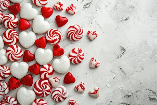 Red and white Valentine's Day themed candies on a background, horizontal with copy-space © Lucija