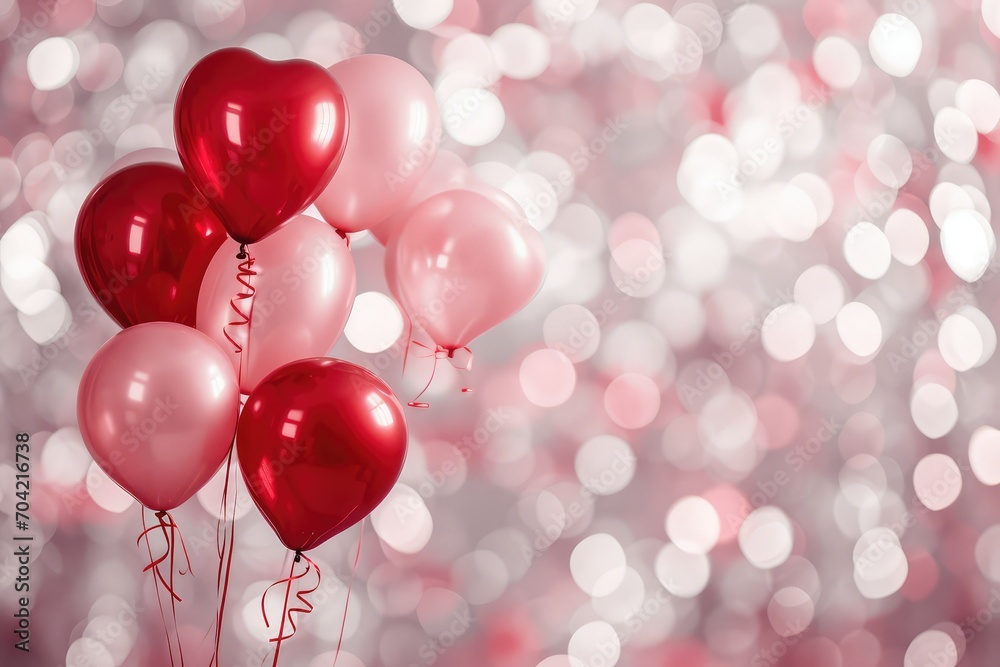 Soft pink and red balloons on a Valentine's Day background, horizontal with copy-space