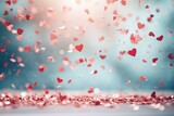 Soft-focus background with heart-shaped confetti, Valentine's Day celebration, horizontal and copy-space included