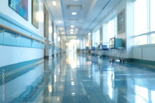 Soft blur image of a hospital corridor with artwork  clinical environment