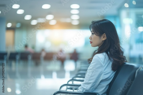Soft blur image of an Asian businesswoman in a hospital waiting area, abstract medical environment