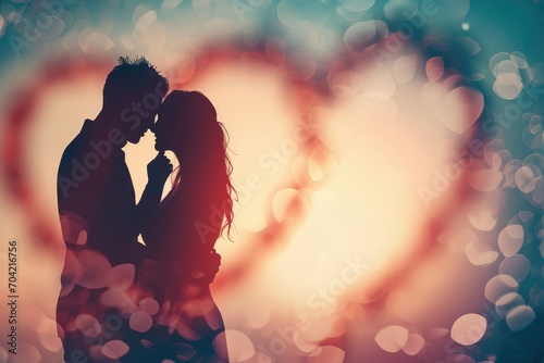 Soft-focus Valentine's Day background with a couple's silhouette in a heart frame, romantic scene, horizontal with copy-space