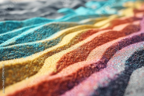 Striped rainbow sand texture, close up with ample copy space on white background