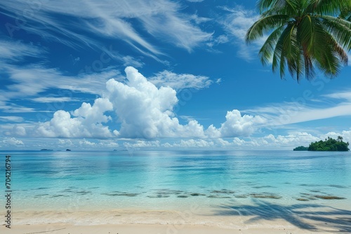 Tranquil beach scene with coco palms, turquoise blue water, and vast blue sky