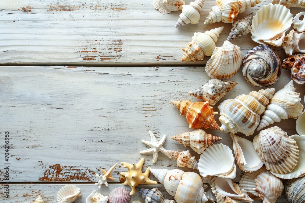White wooden boards with a collection of seashells, textured background, horizontal with copy-space