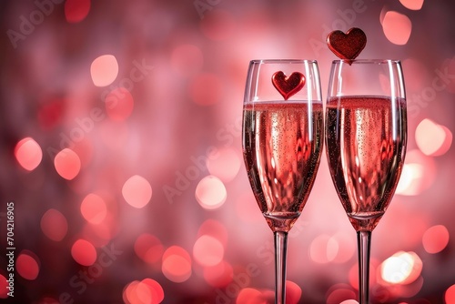 Valentine's Day background with two champagne flutes, a toast to love, horizontal with copy-space