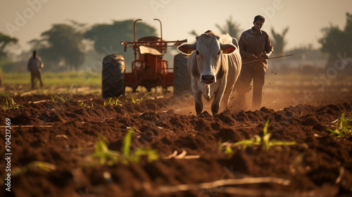 Farming scene in India. Working cow with farmers and tractor in the field. © Jammy Jean