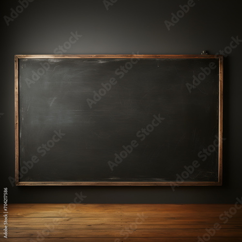 A blank blackboard on a wall. A black board on a lecture room style brick wall. Generative AI.