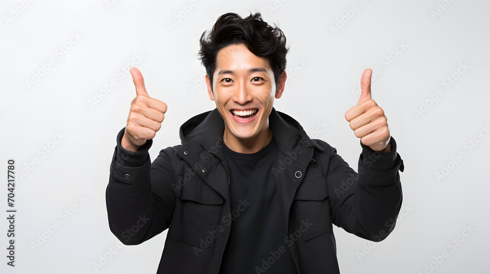 an asian man giving 2 thumbs up on a white wall while smiling, isolated on white background. an asian man giving 2 thumbs up on a white wall while smiling, isolated on white background.