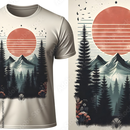 minimalist, t-shirt design with a vintage twist, a sleek and stylish men  silhouette against a faded,stylish men is painting about nature, awosome, bright. pure white background. photo