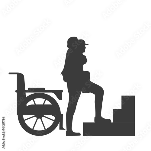 silhouette of a person helping a disability person, black and white vector illustration of a person in a wheelchair