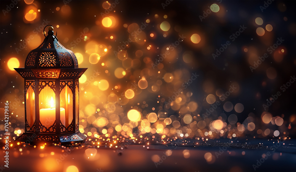 Ornamental Lantern with Golden Glows for Ramadan