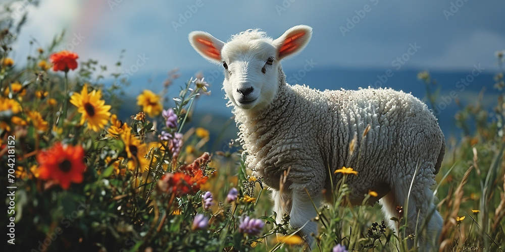 Fototapeta premium Sheep in a meadow with flowers and rainbow in the background