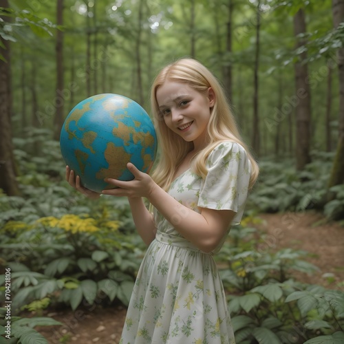 World Earth Day Celebration : A girl passionately hugging a model of Earth Sphere giving the message to protect and love the earth and environment