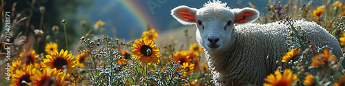 Sheep in a meadow with flowers and rainbow in the background