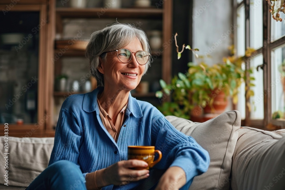 Smiling mature elder 60s woman sitting relaxing with cup of tea, coffee. Senior mid age stylish look woman with eyeglasses portrait with cup looking away at modern, Generative AI  - obrazy, fototapety, plakaty 