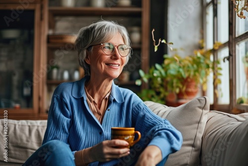 Smiling mature elder 60s woman sitting relaxing with cup of tea, coffee. Senior mid age stylish look woman with eyeglasses portrait with cup looking away at modern, Generative AI  photo
