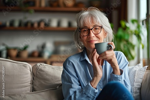 Smiling mature elder 60s woman sitting relaxing with cup of tea, coffee. Senior mid age stylish look woman with eyeglasses portrait with cup looking away at modern, Generative AI  photo