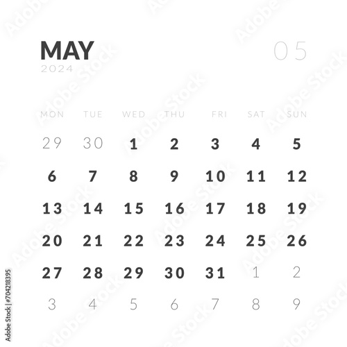 Template design of Monthly Calendar on May 2024. Vector layout minimal calendar in Square shape with week start Monday.