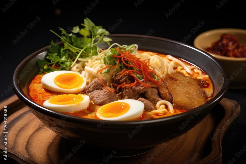 Curry soup with thick noodles, beef, egg, chili peppers served in a bowl. Chinese cuisine. Curry soup with thick noodles, beef, egg, chili peppers served in a bowl. Chinese cuisine.