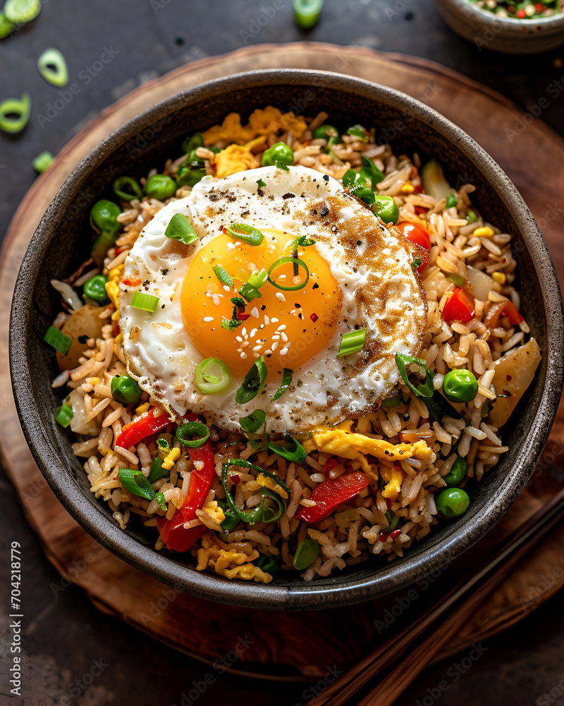 Veggie fried rice with egg on top