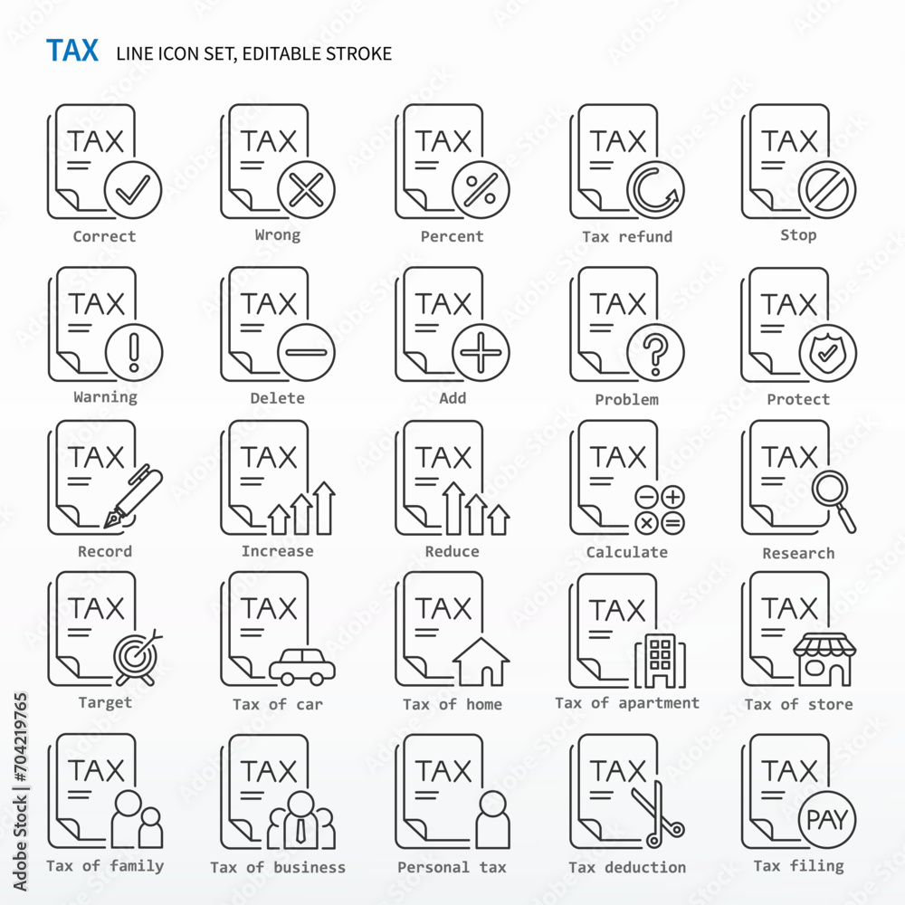 Tax icon set - Line Icons, Editable stroke. Same as tax, accounting, audit, taxes, vat, bank, money, personal; income, value, financial, taxes.