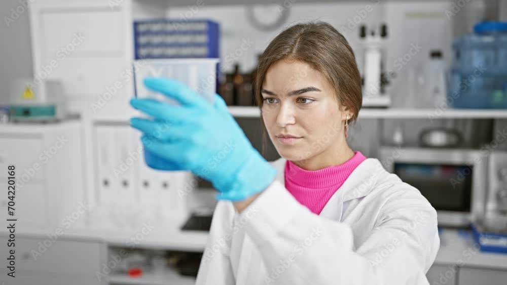 Smiling young hispanic woman scientist confidently measuring liquid in lab, embodying beauty and the joy of scientific research Smiling young hispanic woman scientist confidently measuring liquid in lab, embodying beauty and the joy of scientific research