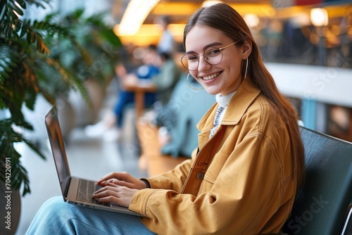 Happy young woman, smiling girl student wearing eyeglasses using laptop computer sitting on chair in university campus, coworking office or airport lounge space hybrid learning, Generative AI 