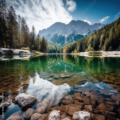 Stunning mountain lake landscape with crystal clear water reflecting the sky and green hills