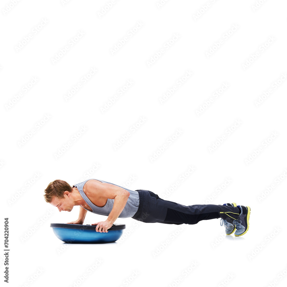 Obraz premium Man, exercise and push ups with bosu ball for fitness, workout or training on a white studio background. Active male person lifting body weight for strength, muscle or strong arms on mockup space