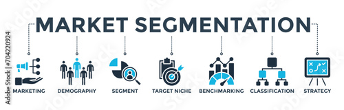 Market segmentation banner concept with icon of marketing, demography, segment, target niche, benchmarking, classification, strategy. Web icon vector illustration