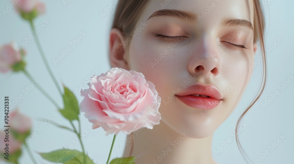 Portrait of attractive woman with beautiful flowers. Women day, Brunette girl with healthy skin, Smooth face, Cosmetics, Lotion, Oil, Moisturizer, Ointment