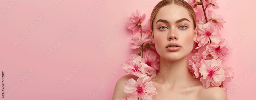 Portrait of attractive woman with beautiful flowers. Women day, Brunette girl with copy space, Healthy skin, Smooth face, Cosmetics
