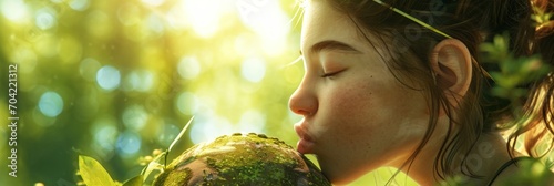 Attractive woman kissing planet earth against green nature background. Earth day, Enviroment Day, Save the World, Environmental conservation #704221312