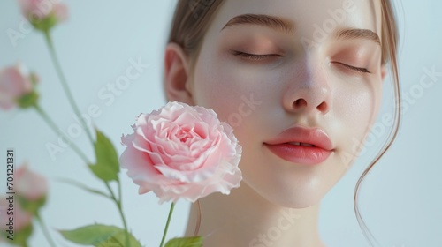 Portrait of attractive woman with beautiful flowers. Women day  Brunette girl with healthy skin  Smooth face  Cosmetics  Lotion  Oil  Moisturizer  Ointment