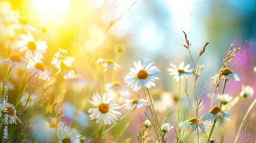 beautiful, sun-drenched spring summer meadow. Natural colorful panoramic landscape with many wild flowers of daisies against blue sky. A frame with soft selective focus. 