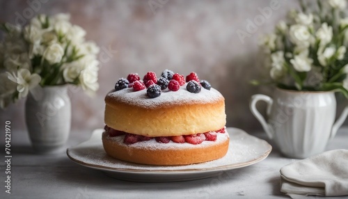 Victoria Sponge with fresh berries on a light background. Selective focus.